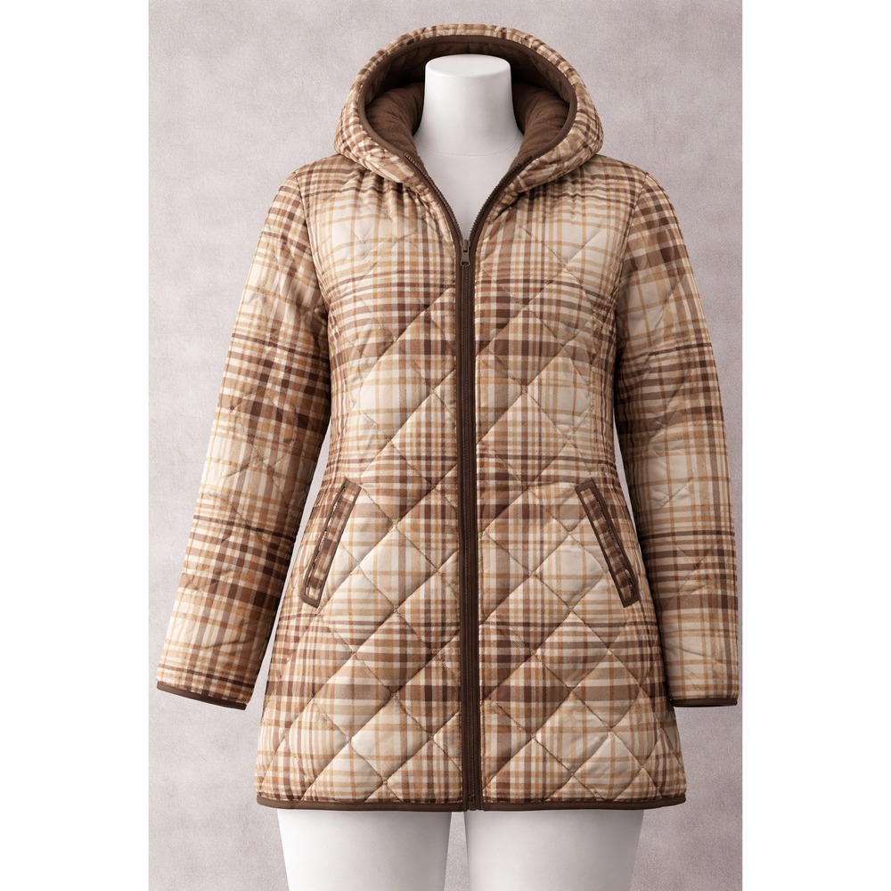 NWOT Susan Graver Plaid Quilted Puffer Jacket Faux‎ Fur Lined Hooded Brown XXS